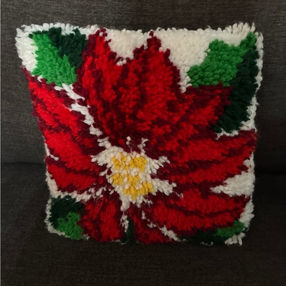Festive Red Poinsettia Holiday Pillow vintage, Handmade
